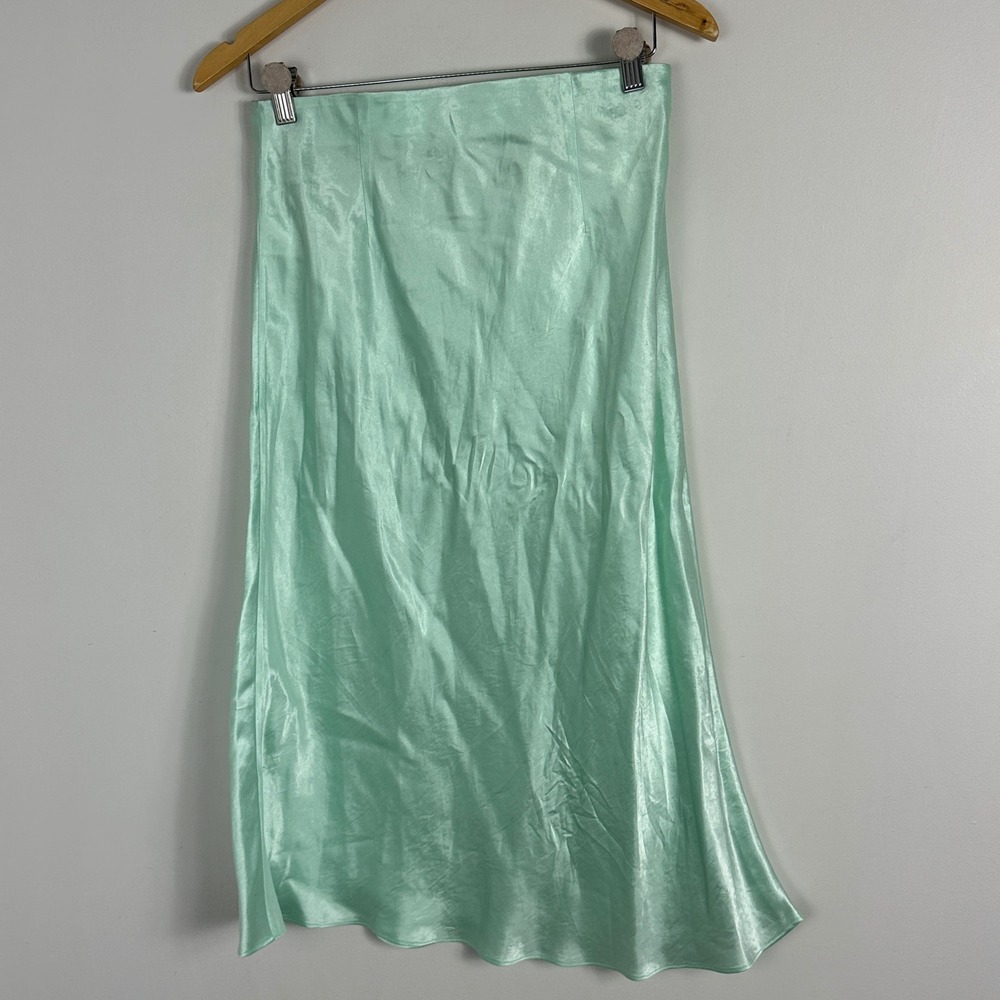 Aritzia‎ Babaton Slip Satin Skirt Mint Green Size 8 Elastic Waist Bias Cut Midi - Picture 10 of 11